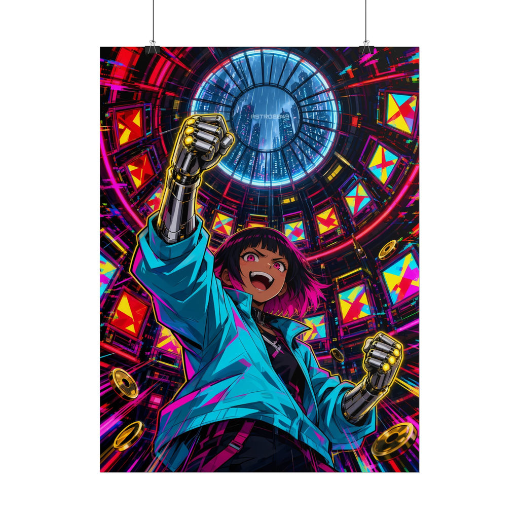 Arcade Nights 2049 poster hanging above a dark gaming desk with neon lighting, view 6 of 8