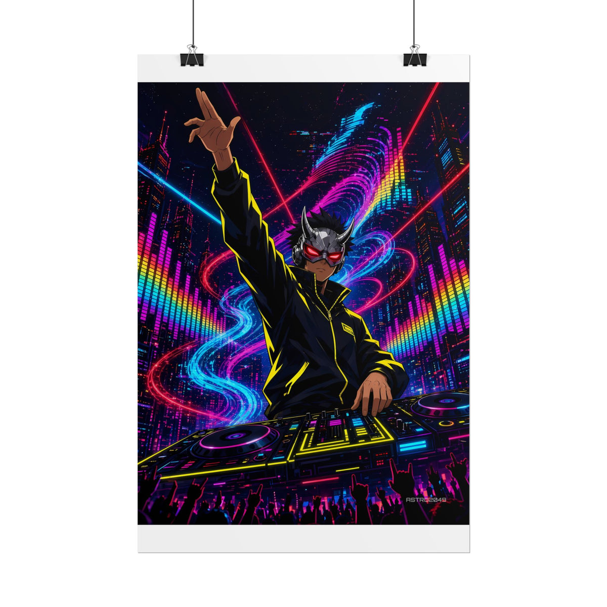 Bassline Oni DJ poster hanging above a dark gaming desk with neon lighting, view 3 of 8
