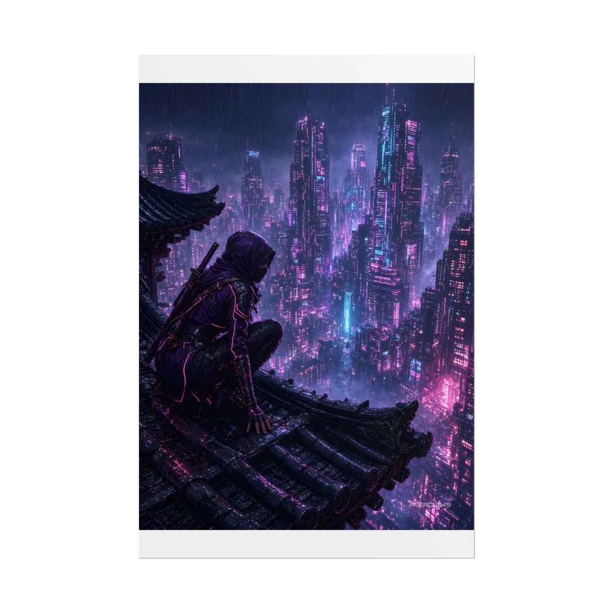 Vertical cyberpunk art of a masked kunoichi on a temple roof edge looking over a rainy neon city at night, poster by ASTRO2049