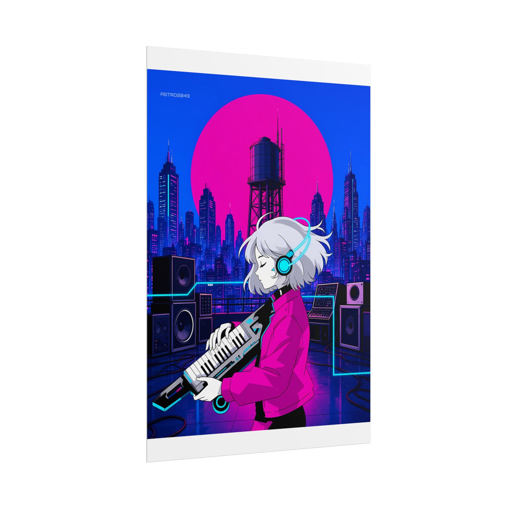 Lumi Keytar Signal poster hanging above a dark gaming desk with neon lighting, view 4 of 8