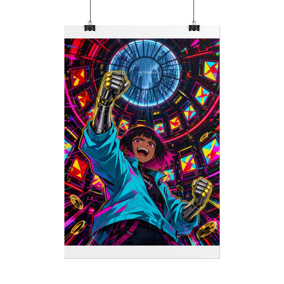 Arcade Nights 2049 poster hanging above a dark gaming desk with neon lighting, view 3 of 8