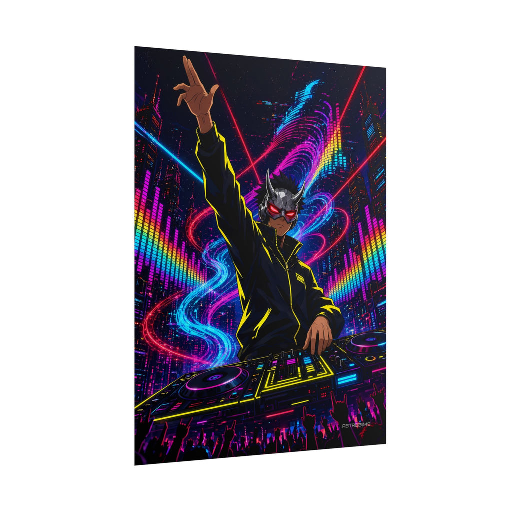 Bassline Oni DJ poster hanging above a dark gaming desk with neon lighting, view 7 of 8