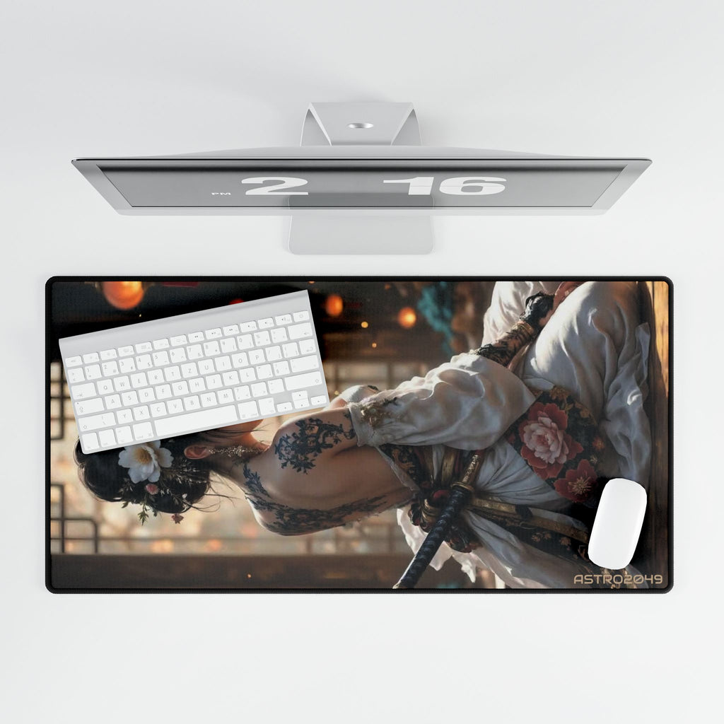 Lantern Dojo Geisha desk mat on a desk with keyboard and mouse, view 5 of 9