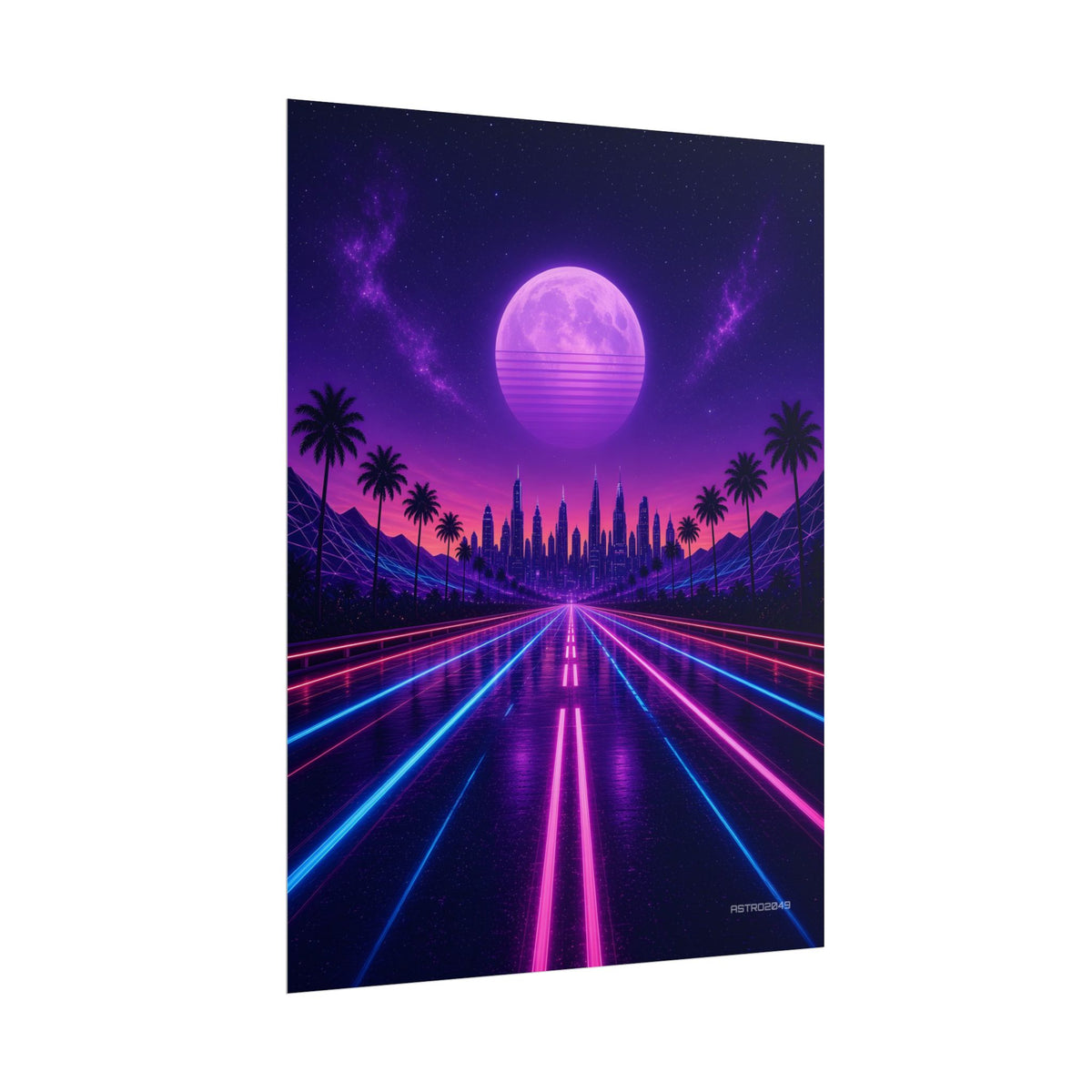Night Drive 2049 poster hanging above a dark gaming desk with neon lighting, view 7 of 8