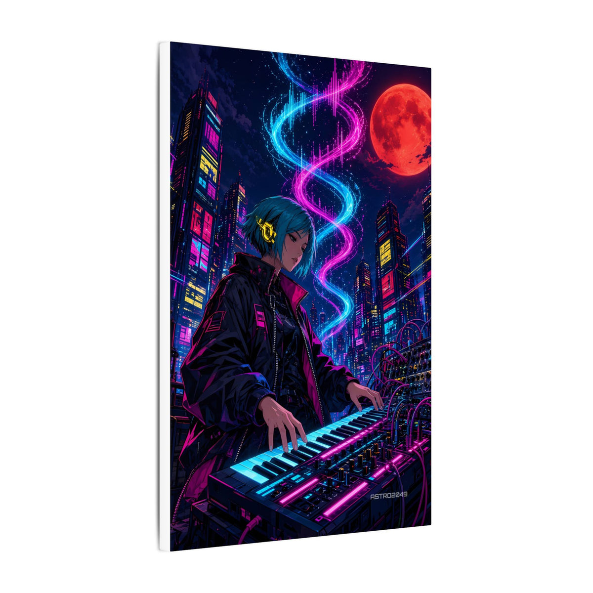 Rooftop Synth Runner canvas hanging above a dark gaming desk with neon lighting, view 6 of 8