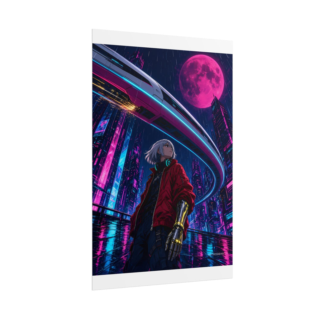 Midnight Monorail poster hanging above a dark gaming desk with neon lighting, view 4 of 8