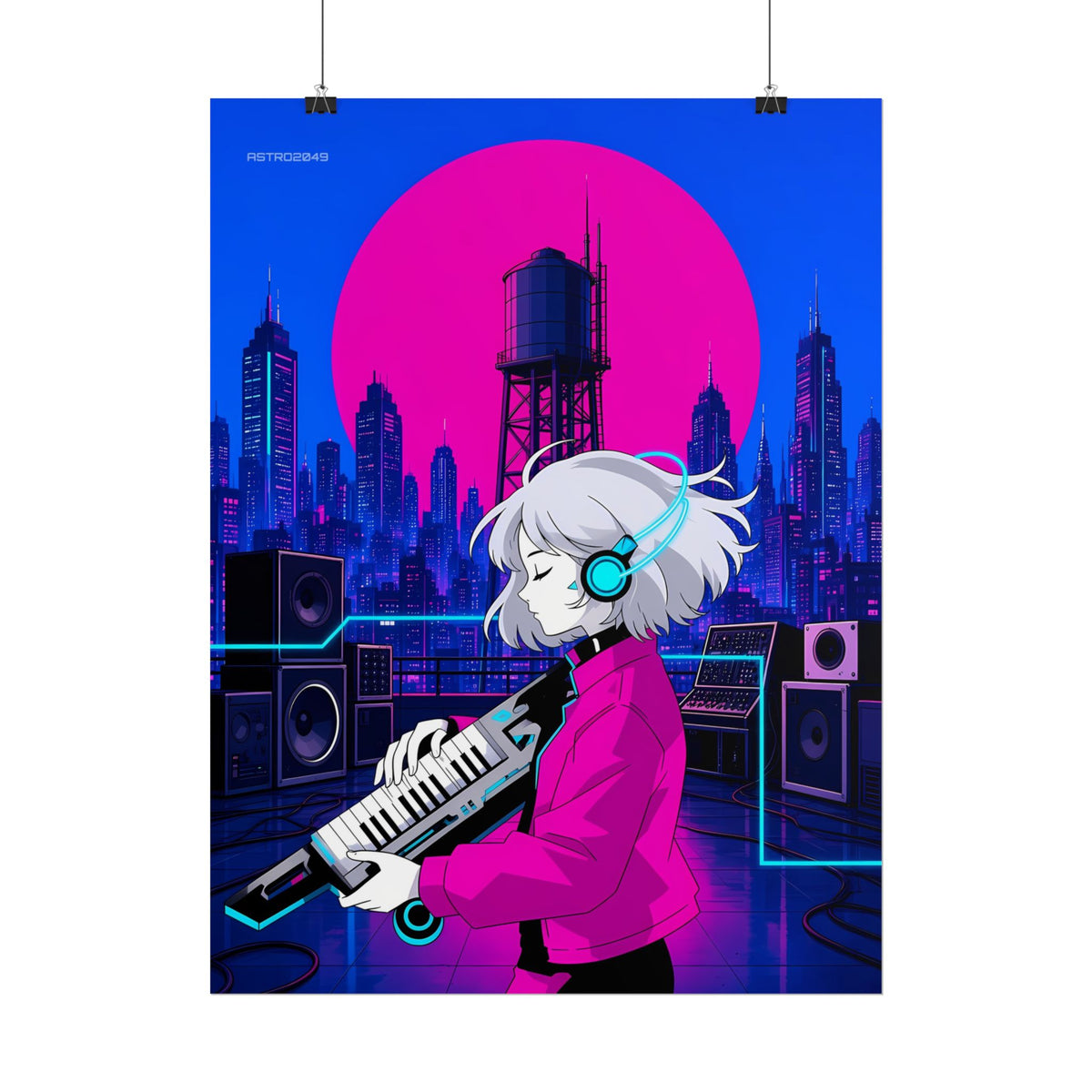Lumi Keytar Signal poster hanging above a dark gaming desk with neon lighting, view 6 of 8