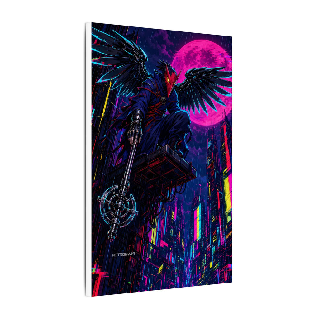 Chrome Tengu Sentinel canvas hanging above a dark gaming desk with neon lighting, view 6 of 8