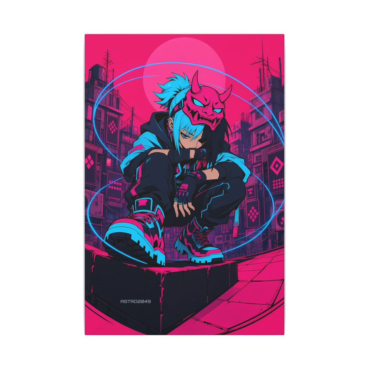 Kira Netrunner 2049 canvas hanging above a dark gaming desk with neon lighting, view 2 of 8
