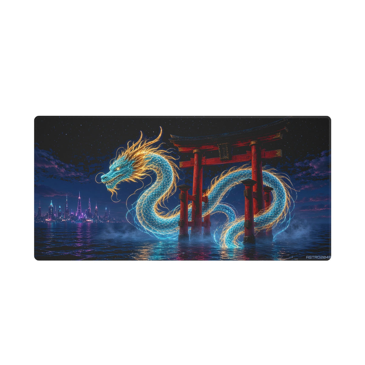 Tide Gate Dragon desk mat under a keyboard and mouse in a dark neon gaming setup – 36 x 18 in