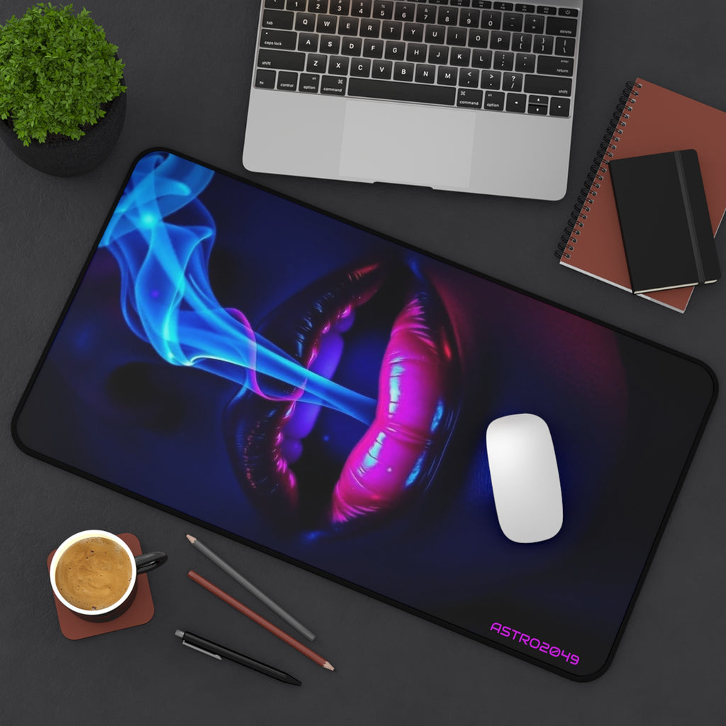 Neon Lips desk mat on a desk with keyboard and mouse, view 7 of 9