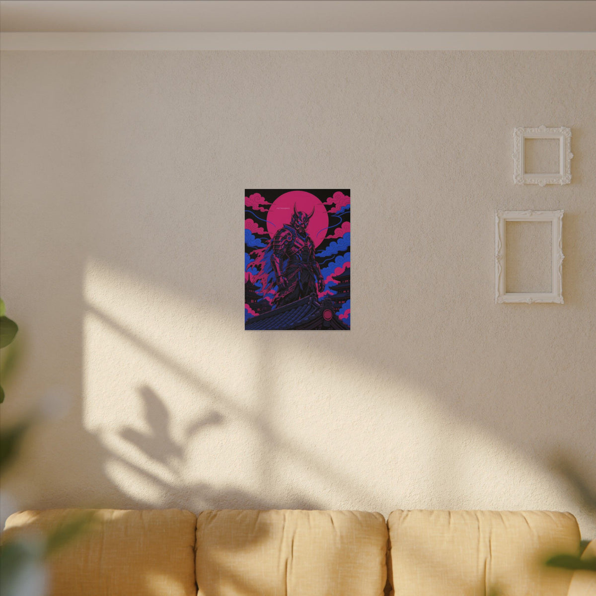 Temple Roof Oni Warlord canvas hanging above a dark gaming desk with neon lighting, view 4 of 8