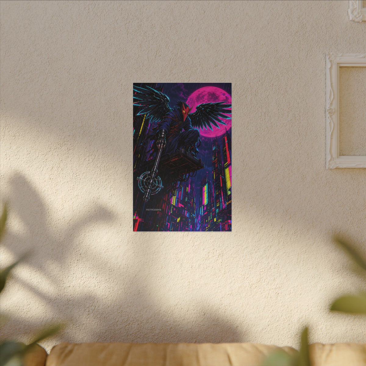 Chrome Tengu Sentinel canvas hanging above a dark gaming desk with neon lighting, view 7 of 8