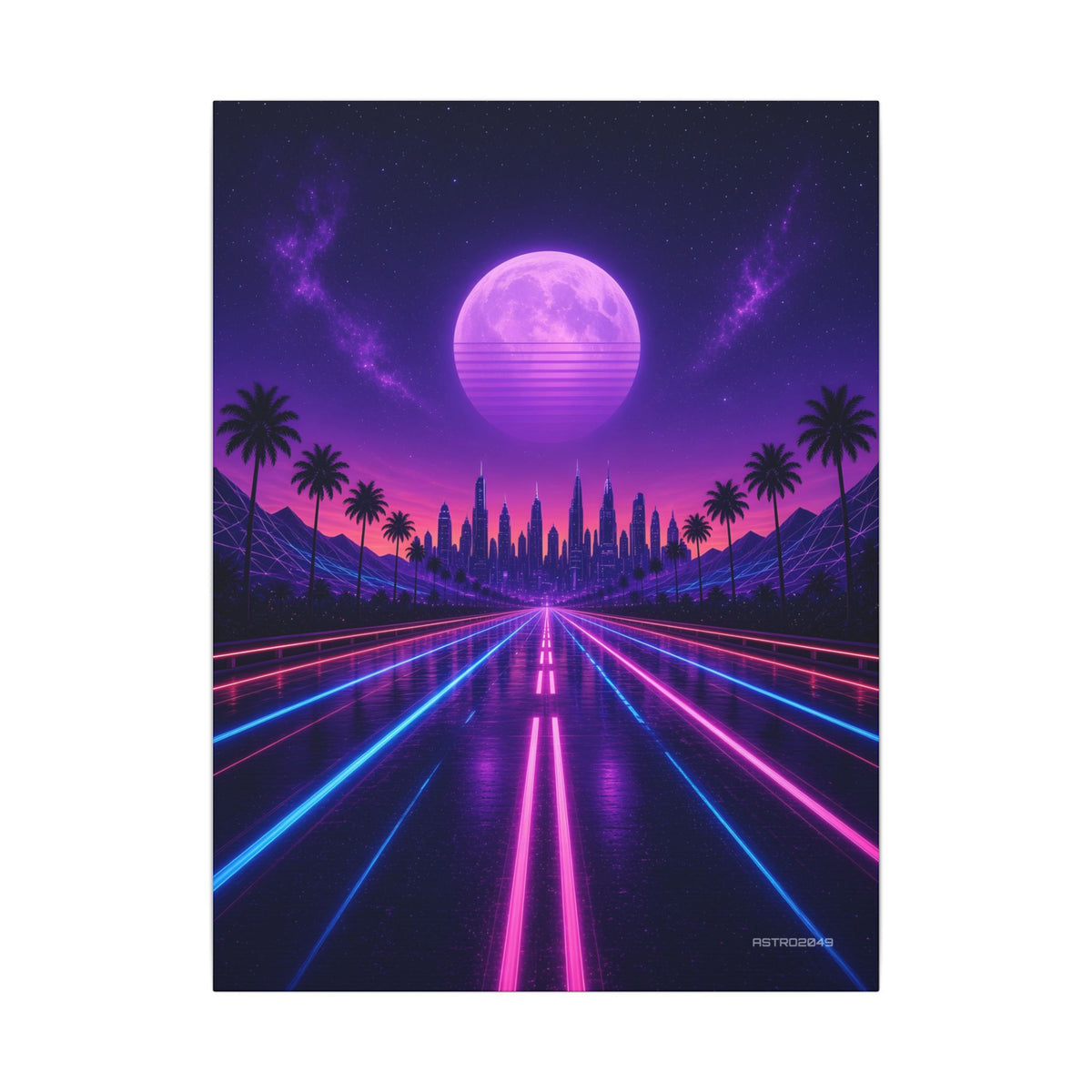 Vertical retrowave art of a neon highway leading to a city skyline under a large striped purple moon, canvas by ASTRO2049