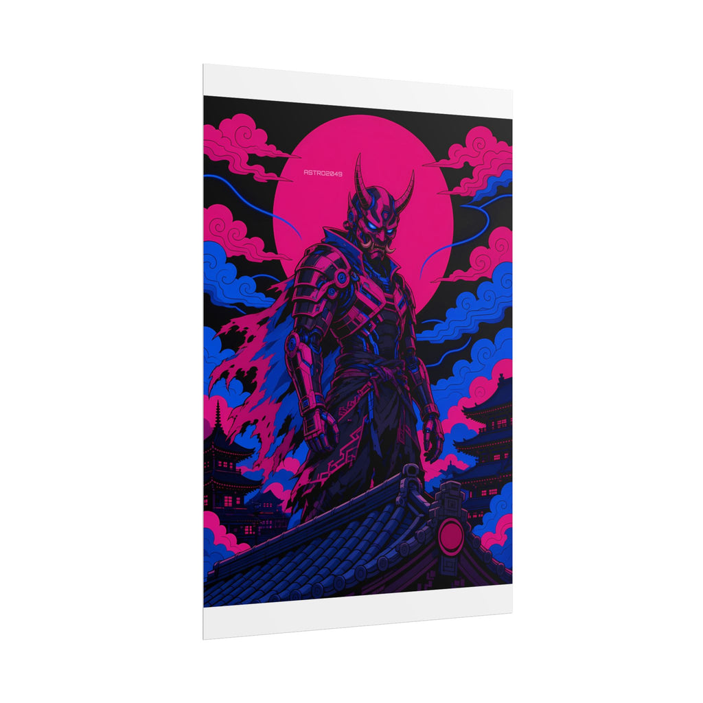 Temple Roof Oni Warlord poster hanging above a dark gaming desk with neon lighting, view 4 of 8
