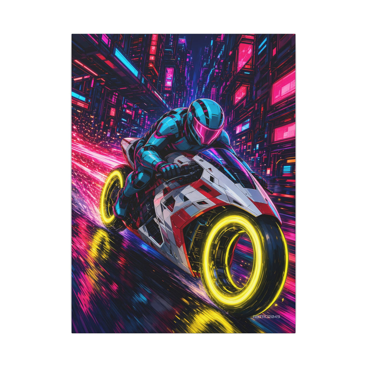 Vertical anime-style art of a helmeted rider on a futuristic bike with glowing yellow wheels speeding toward the viewer between neon towers, canvas by ASTRO2049
