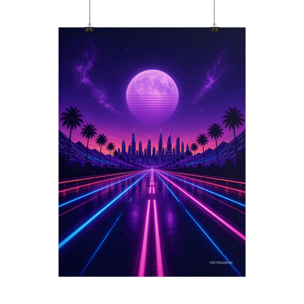 Night Drive 2049 poster hanging above a dark gaming desk with neon lighting, view 6 of 8
