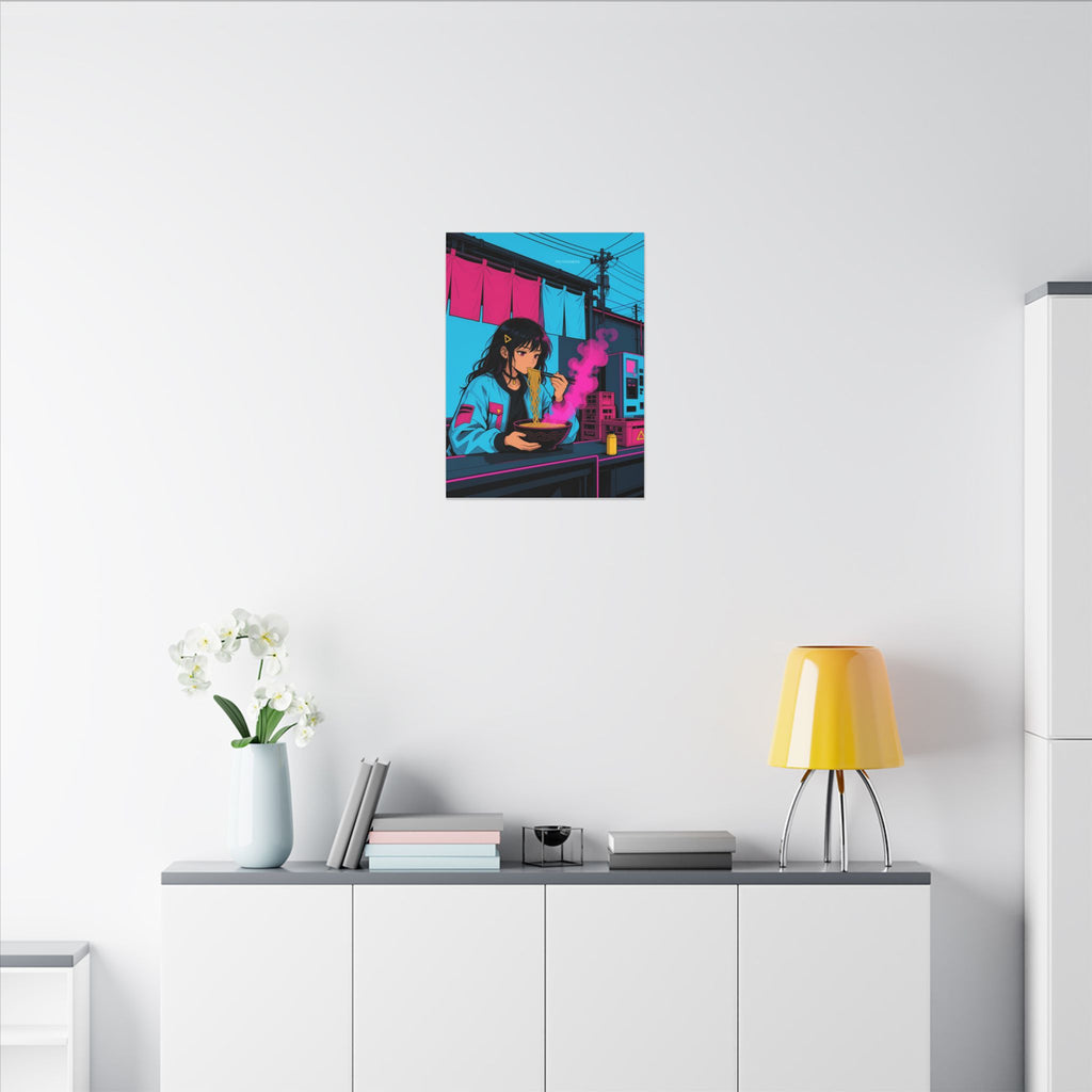 Ramen Stall Messenger canvas hanging above a dark gaming desk with neon lighting, view 5 of 8