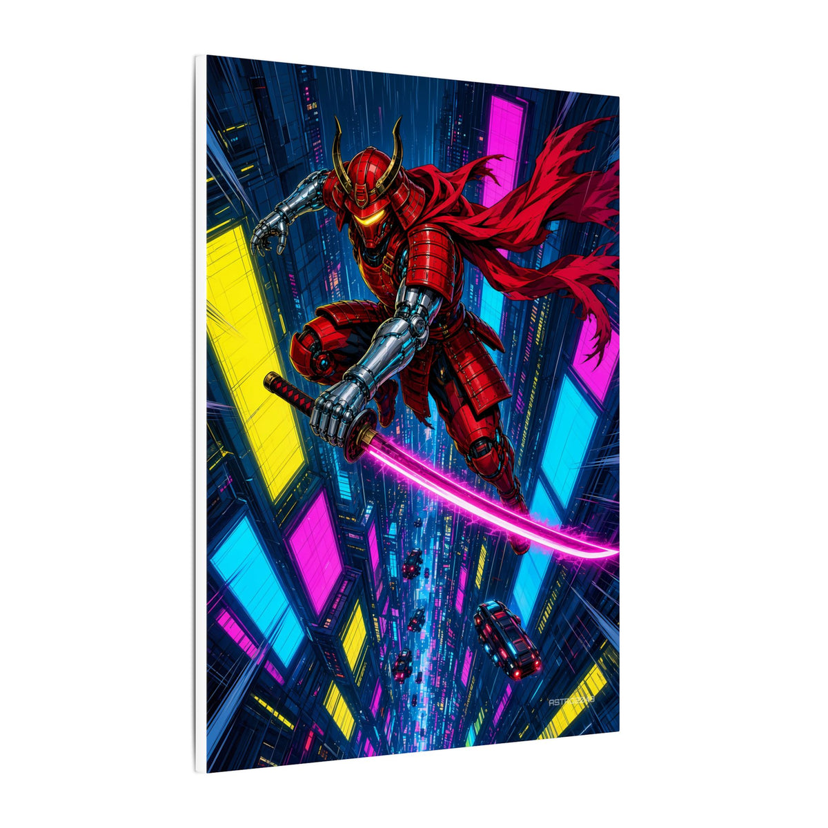 Skyfall Chrome Samurai canvas hanging above a dark gaming desk with neon lighting, view 3 of 8