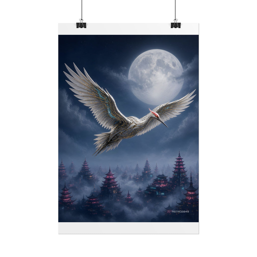 Moon Circuit Crane poster hanging above a dark gaming desk with neon lighting, view 3 of 8