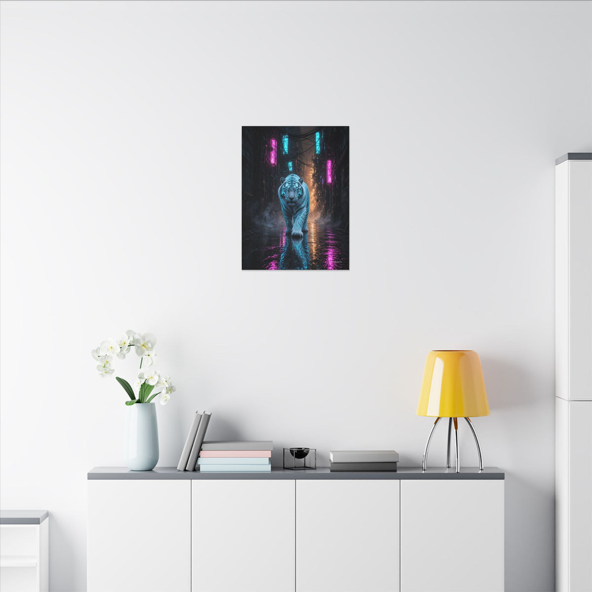 Rain Alley Tiger canvas hanging above a dark gaming desk with neon lighting, view 5 of 8