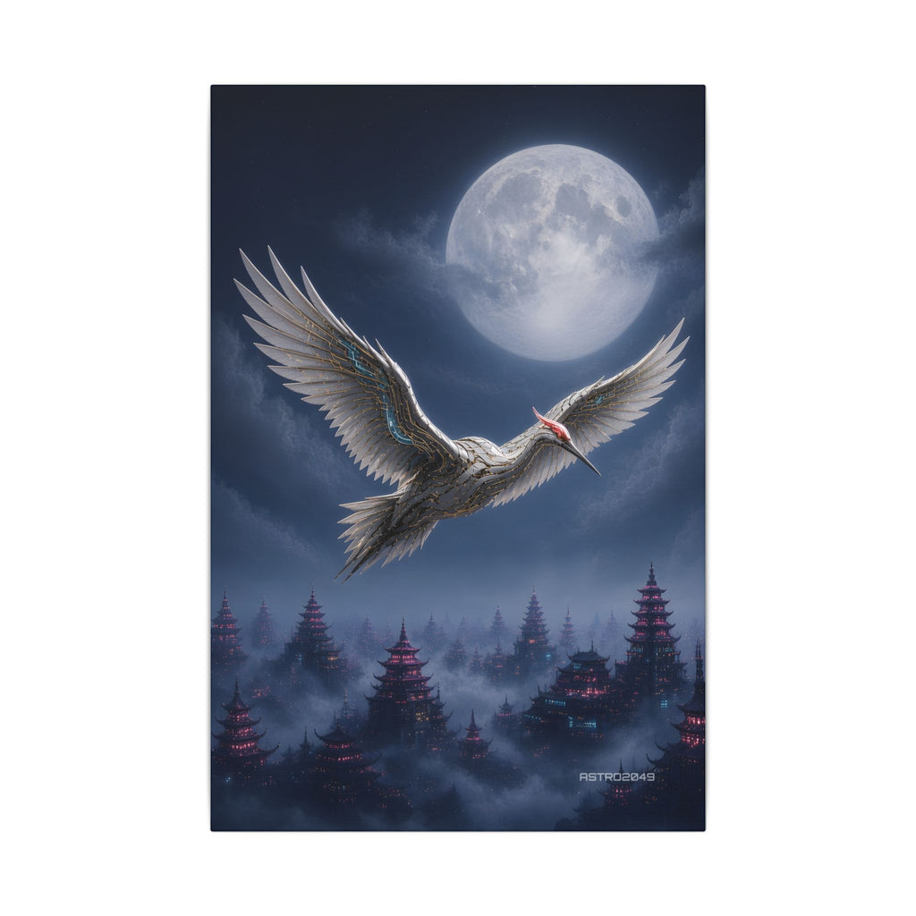 Moon Circuit Crane canvas hanging above a dark gaming desk with neon lighting, view 2 of 8