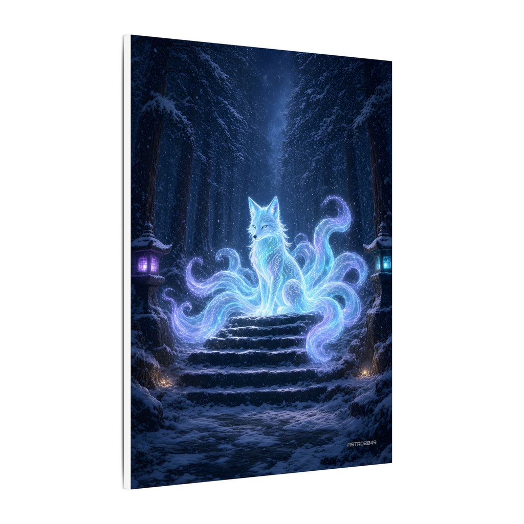 Snow Shrine Kitsune canvas hanging above a dark gaming desk with neon lighting, view 3 of 8