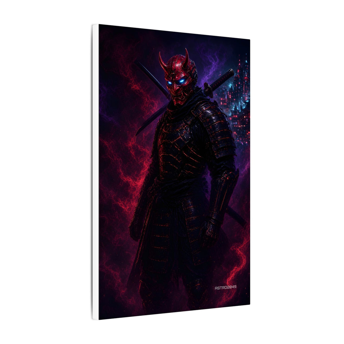 Oni Mask Ronin canvas hanging above a dark gaming desk with neon lighting, view 6 of 8