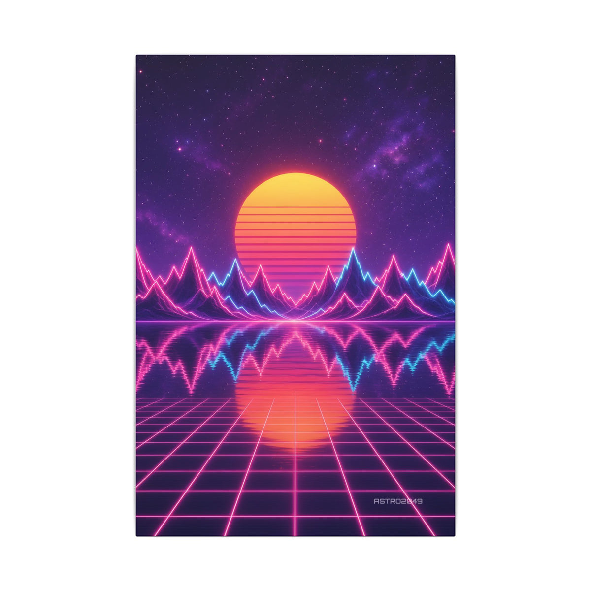 Waveform Sunset canvas hanging above a dark gaming desk with neon lighting, view 2 of 8