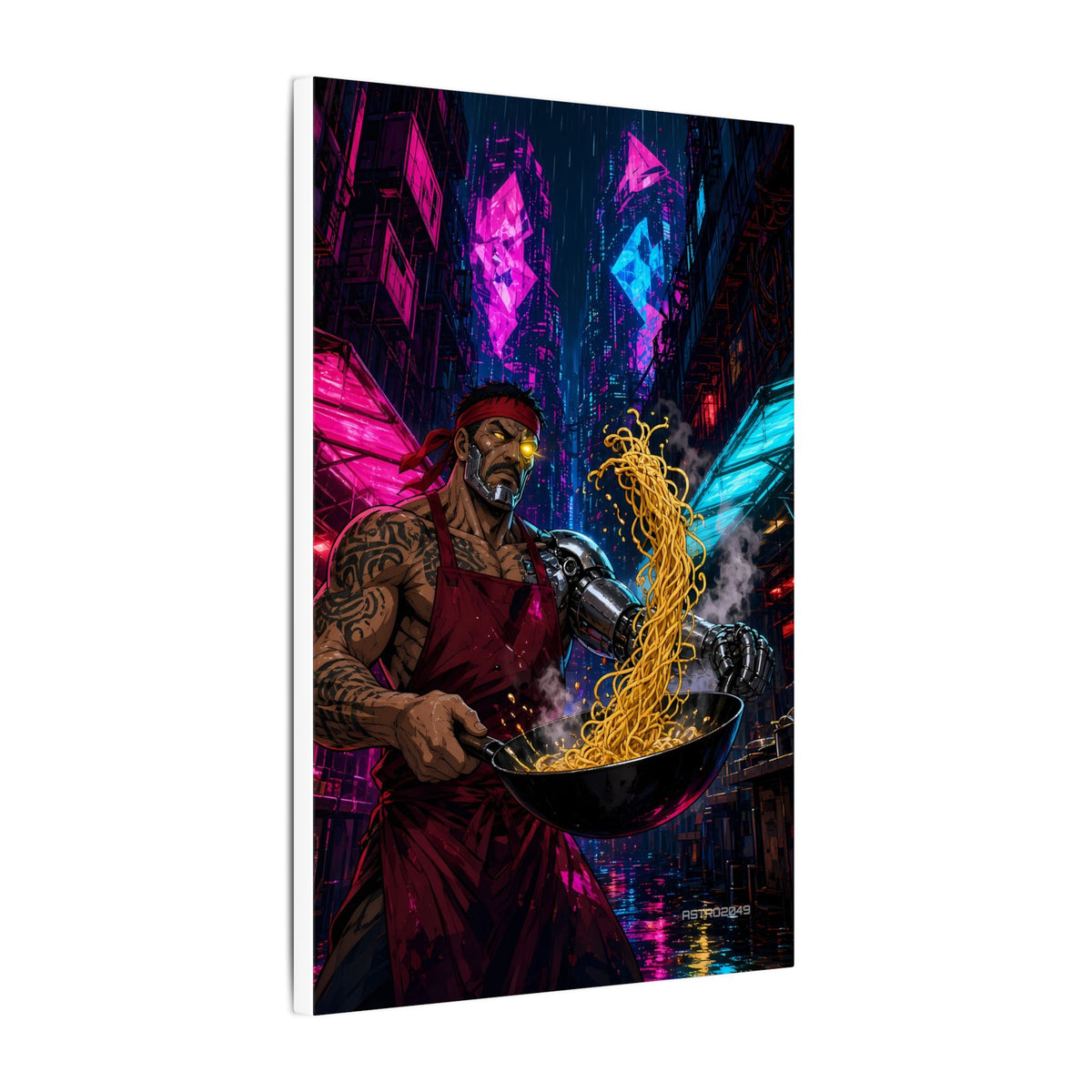 Noodle Bar 2049 canvas hanging above a dark gaming desk with neon lighting, view 6 of 8