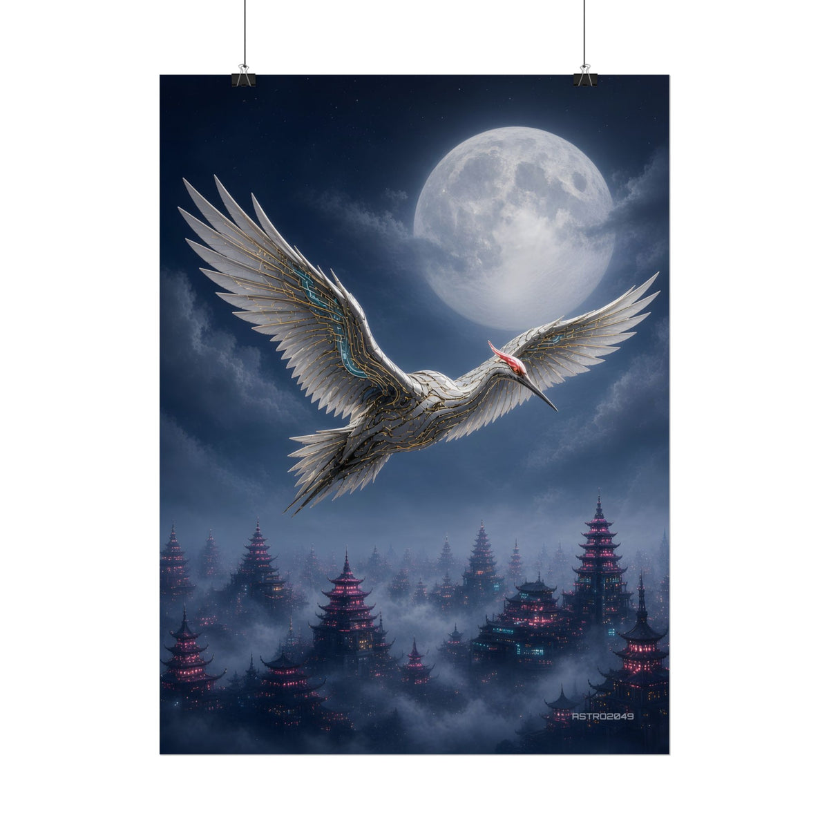 Moon Circuit Crane poster hanging above a dark gaming desk with neon lighting, view 6 of 8