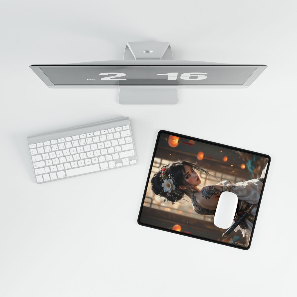 Lantern Dojo Geisha desk mat on a desk with keyboard and mouse, view 7 of 9