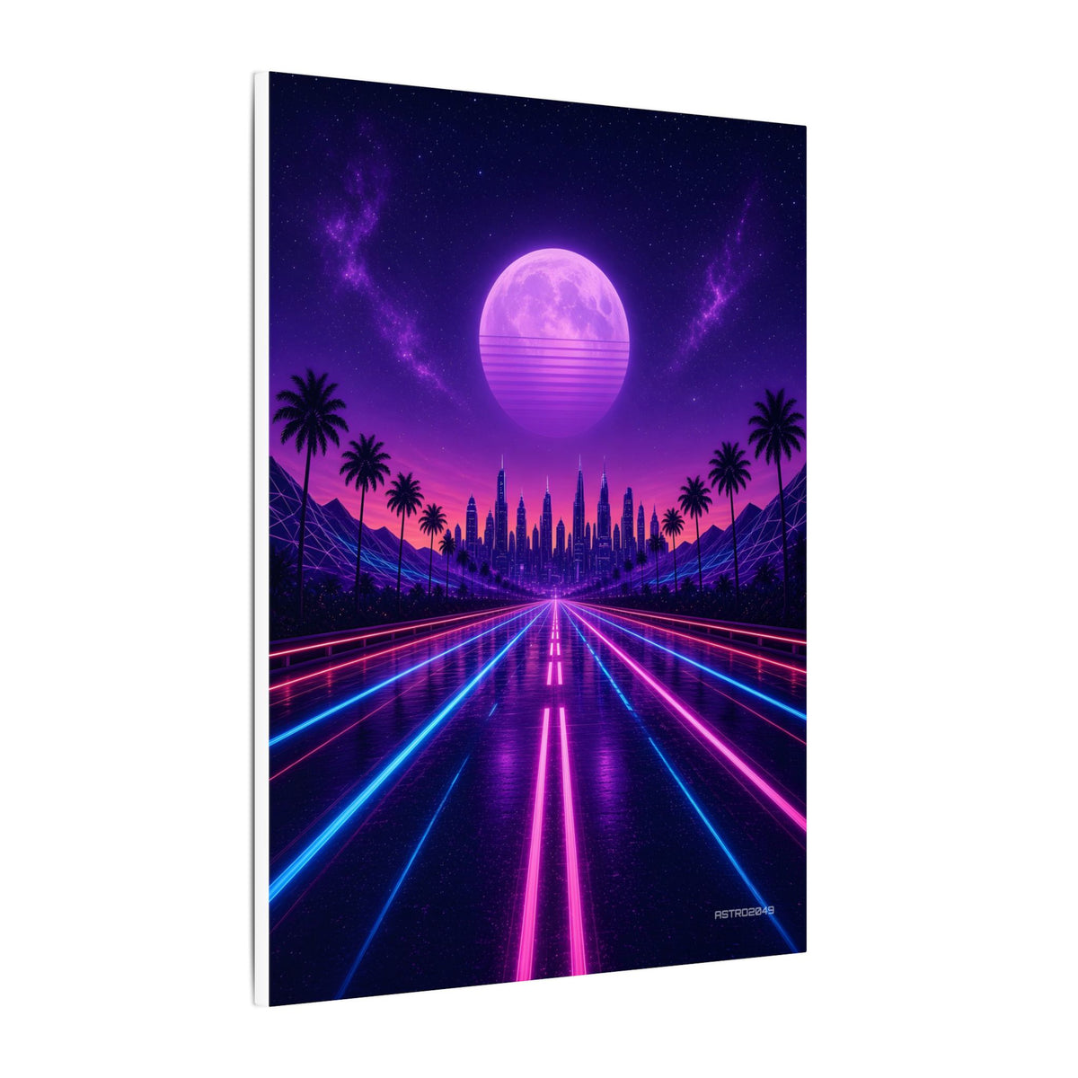 Night Drive 2049 canvas hanging above a dark gaming desk with neon lighting, view 3 of 8