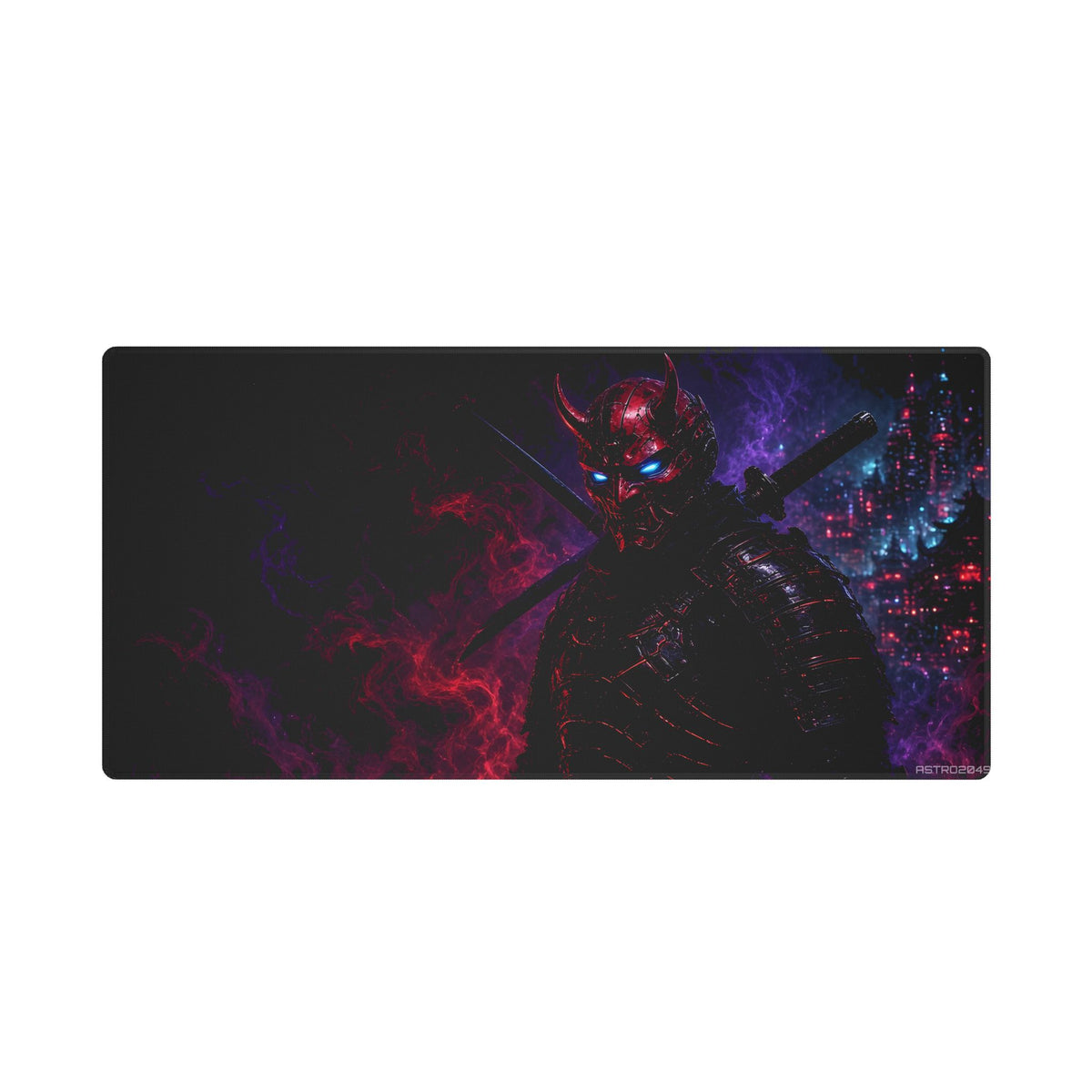 Oni Mask Ronin desk mat under a keyboard and mouse in a dark neon gaming setup – 36 x 18 in / 48 x 24 in