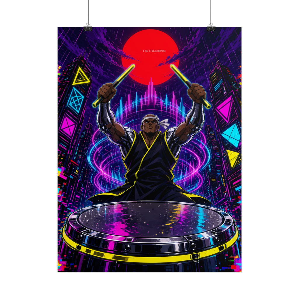 Taiko Thunder 2049 poster hanging above a dark gaming desk with neon lighting, view 6 of 8