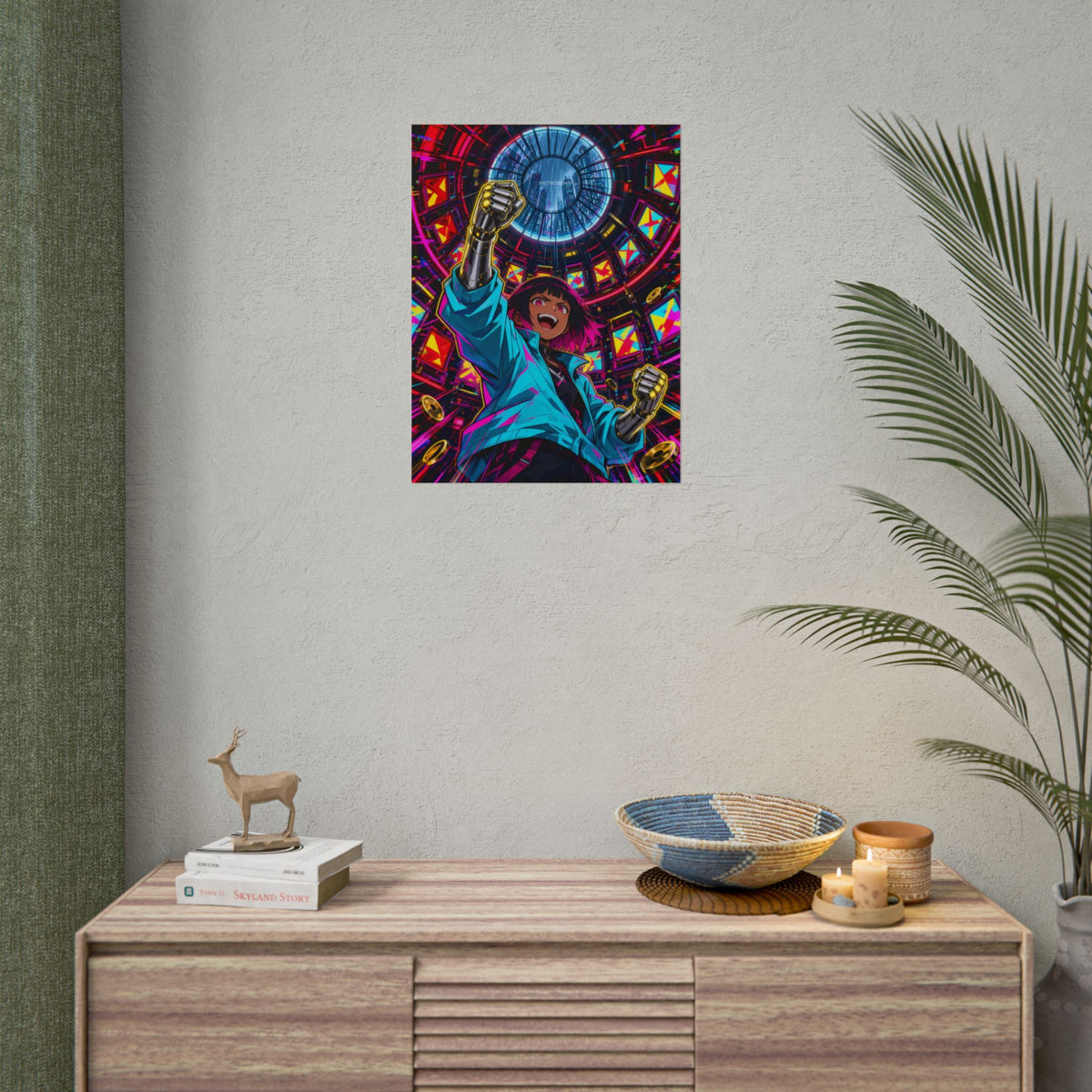 Arcade Nights 2049 poster hanging above a dark gaming desk with neon lighting, view 8 of 8