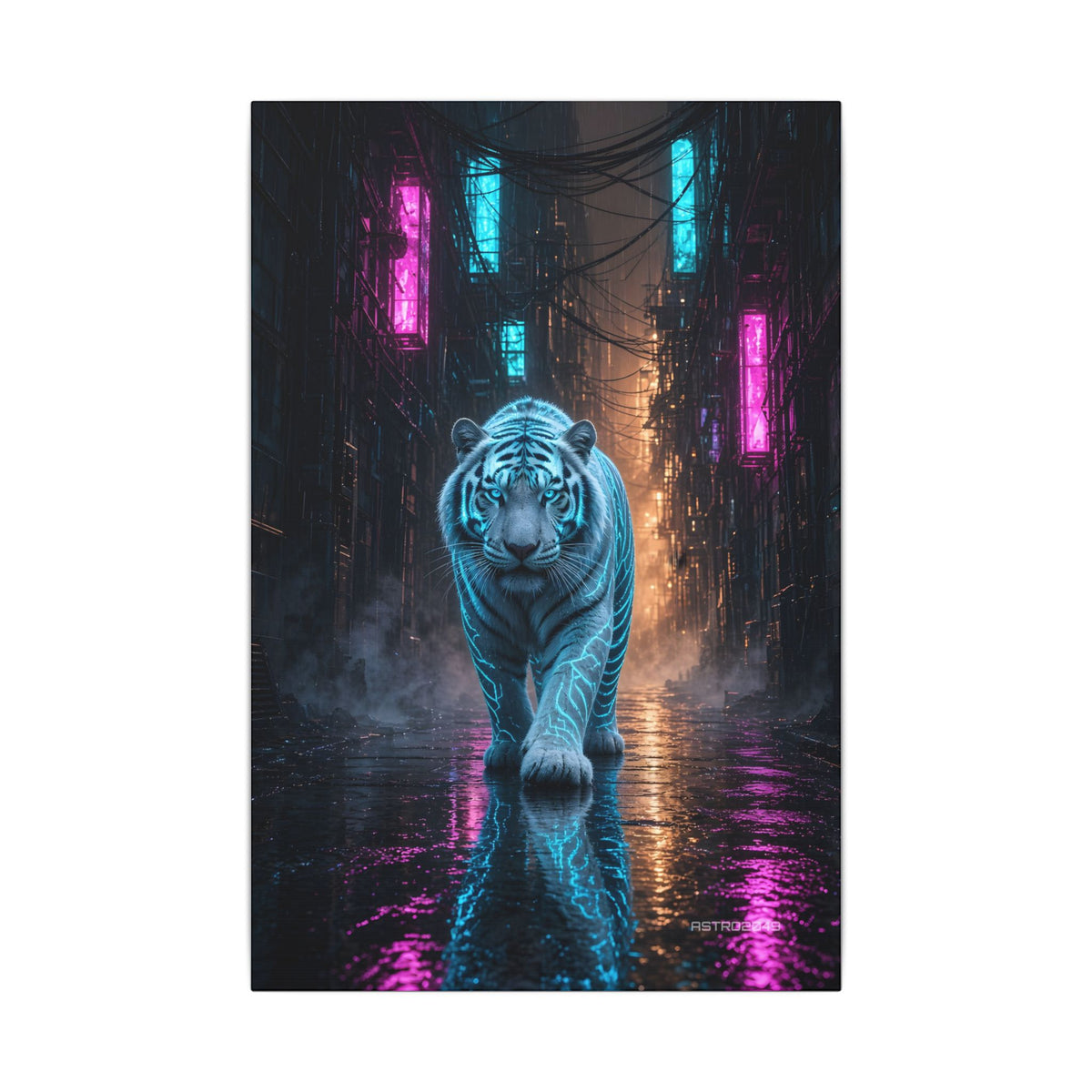 Rain Alley Tiger canvas hanging above a dark gaming desk with neon lighting, view 2 of 8