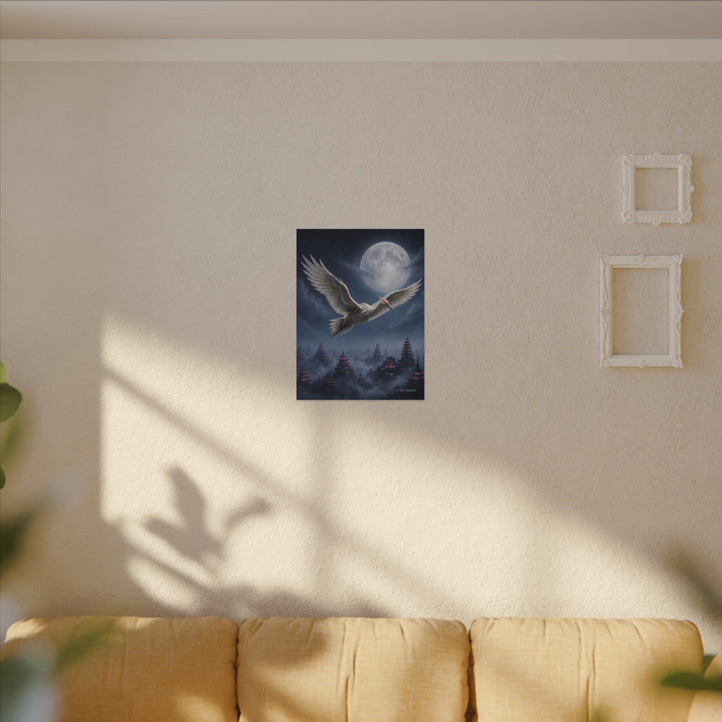 Moon Circuit Crane canvas hanging above a dark gaming desk with neon lighting, view 4 of 8