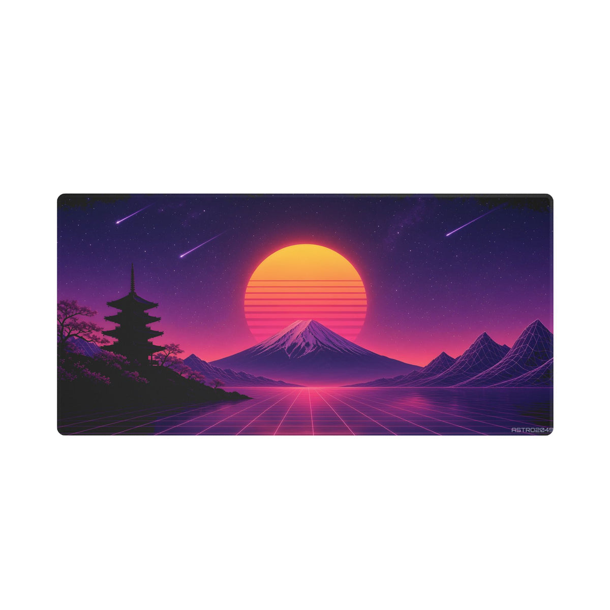Sunset Pagoda Grid stitched edge desk mat, 36 x 18 in / 48 x 24 in – full artwork view