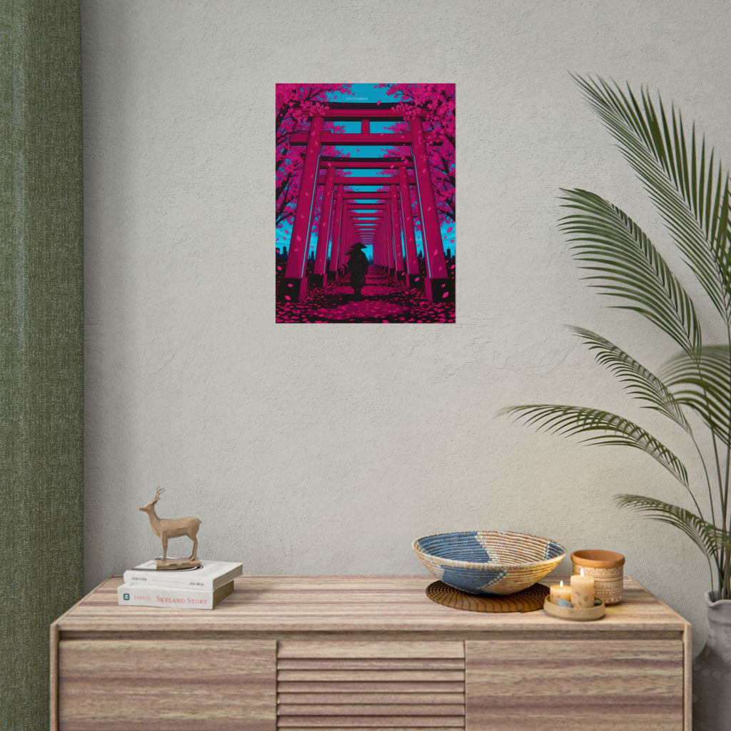 Torii Tunnel Samurai poster hanging above a dark gaming desk with neon lighting, view 8 of 8
