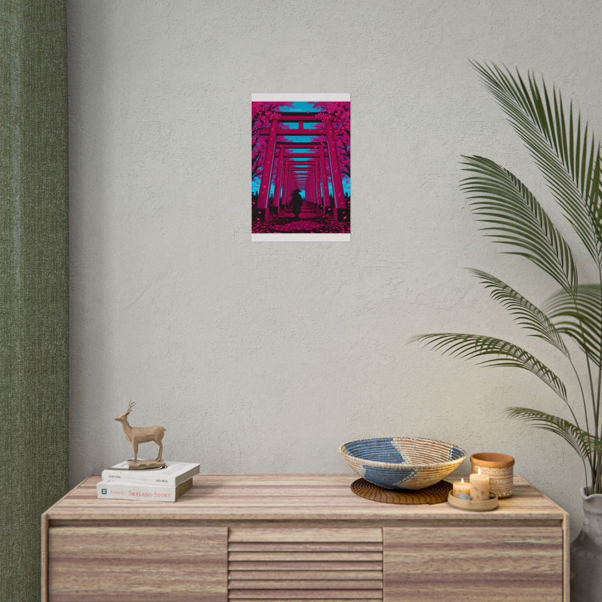 Torii Tunnel Samurai poster hanging above a dark gaming desk with neon lighting, view 5 of 8