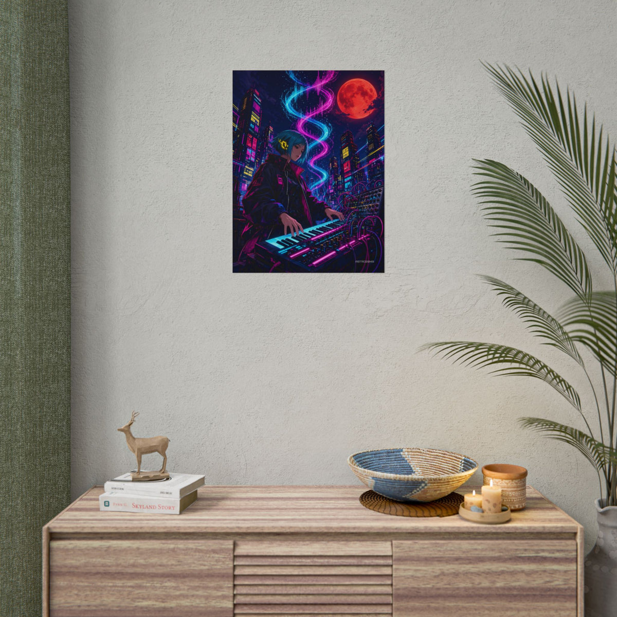 Rooftop Synth Runner poster hanging above a dark gaming desk with neon lighting, view 8 of 8