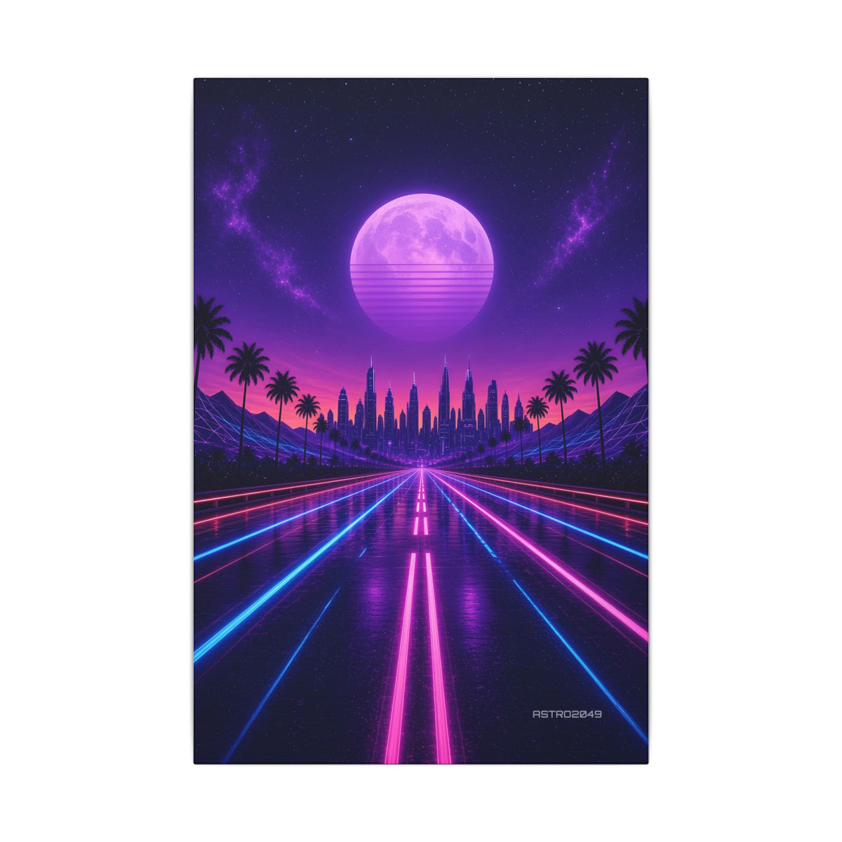 Night Drive 2049 canvas hanging above a dark gaming desk with neon lighting, view 2 of 8