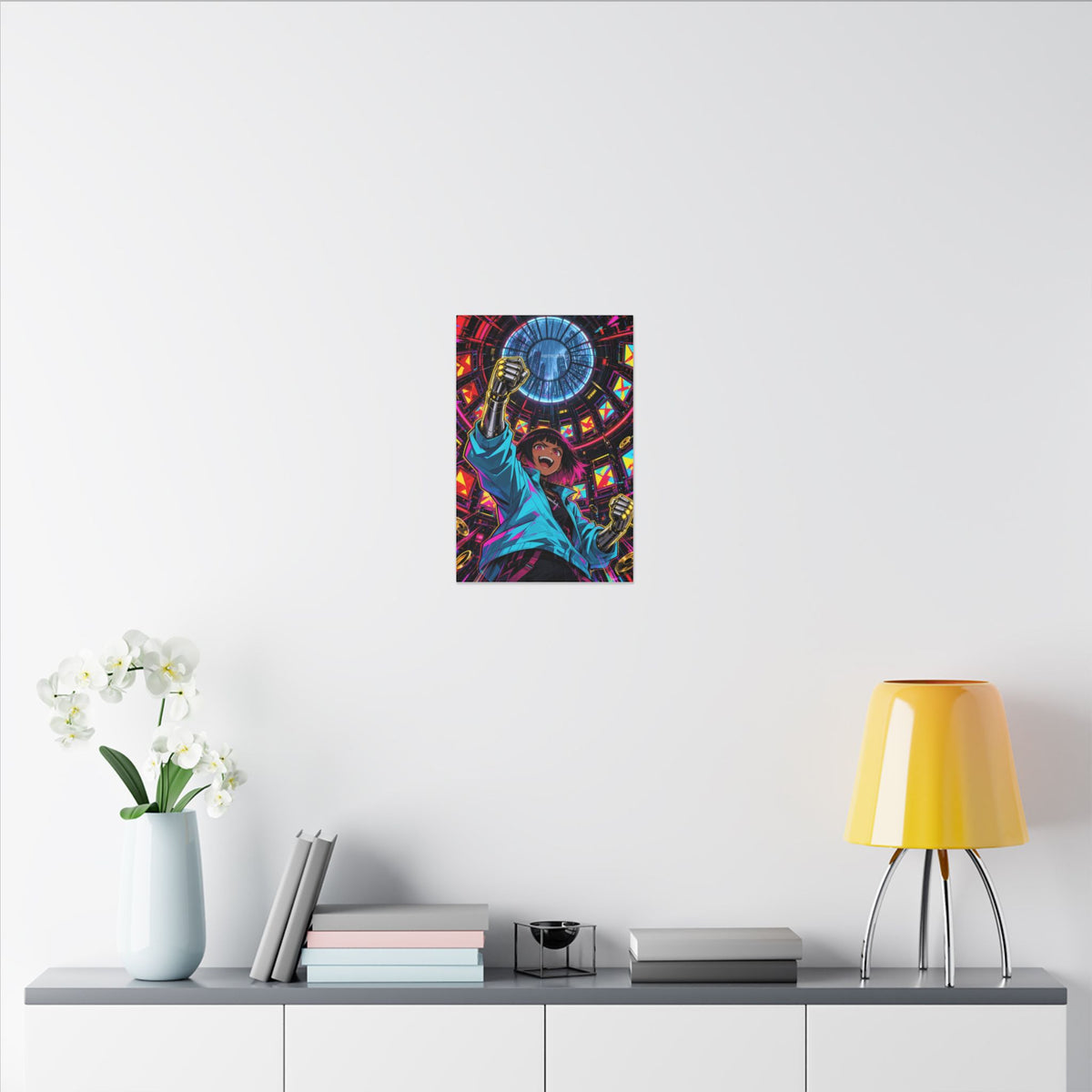 Arcade Nights 2049 canvas hanging above a dark gaming desk with neon lighting, view 8 of 8