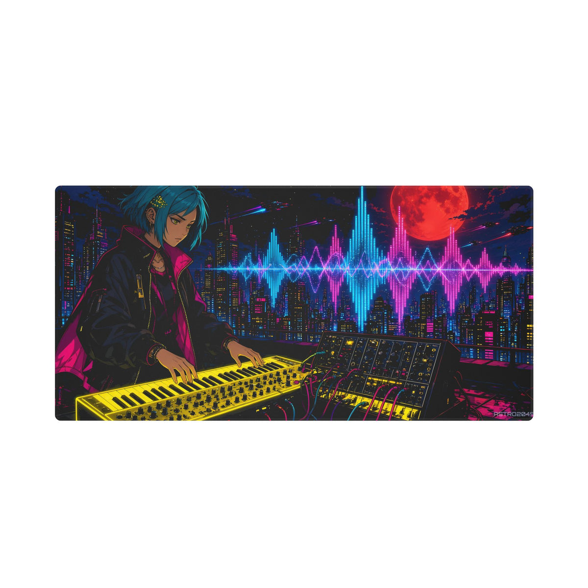 Rooftop Synth Runner desk mat under a keyboard and mouse in a dark neon gaming setup – 48 x 24 in