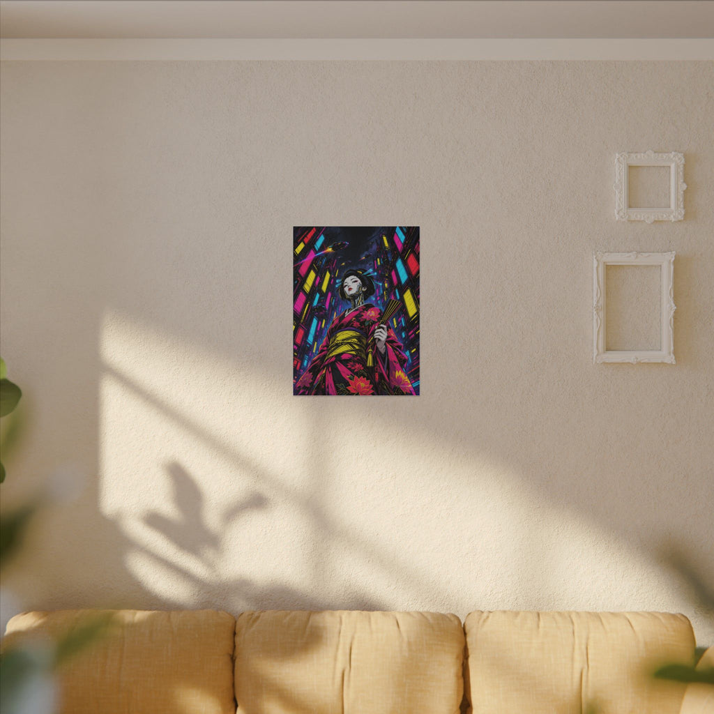 Chrome Lotus Geisha canvas hanging above a dark gaming desk with neon lighting, view 4 of 8