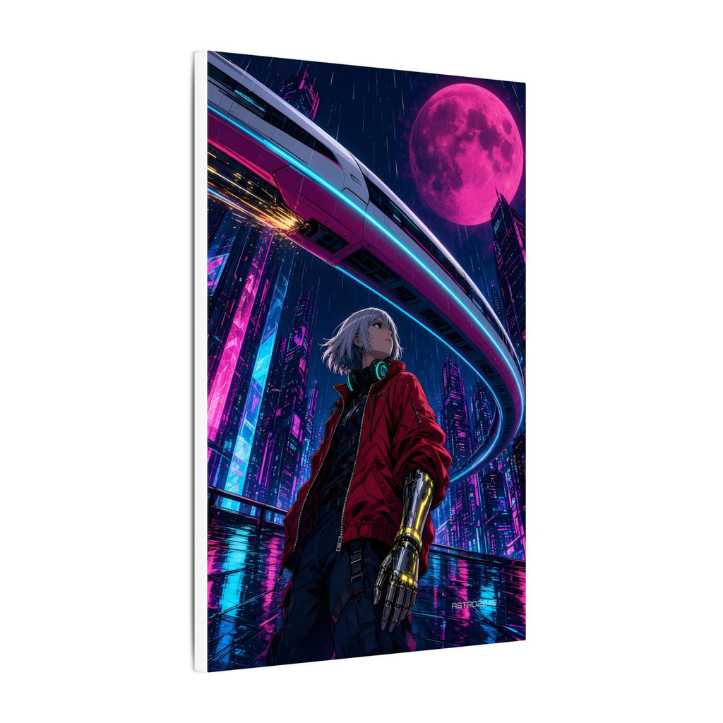 Midnight Monorail canvas hanging above a dark gaming desk with neon lighting, view 6 of 8