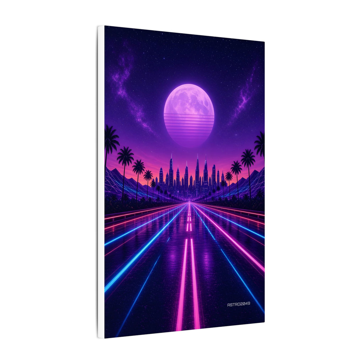Night Drive 2049 canvas hanging above a dark gaming desk with neon lighting, view 6 of 8