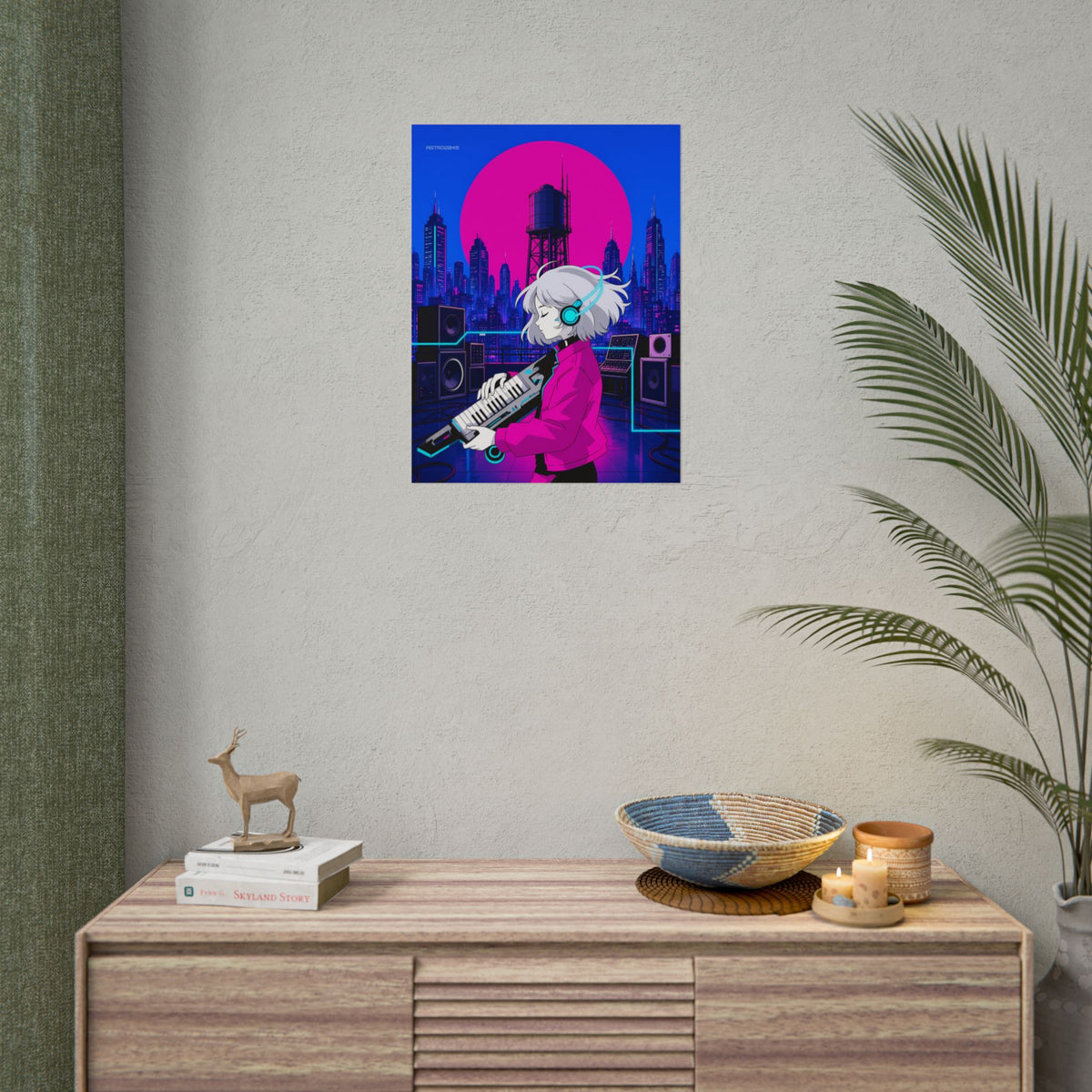 Lumi Keytar Signal poster hanging above a dark gaming desk with neon lighting, view 8 of 8