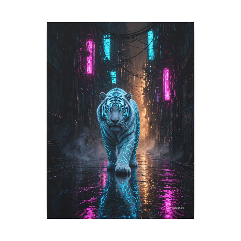 Vertical cyberpunk art of a white tiger with glowing cyan stripes walking toward the viewer down a wet neon alley, canvas by ASTRO2049